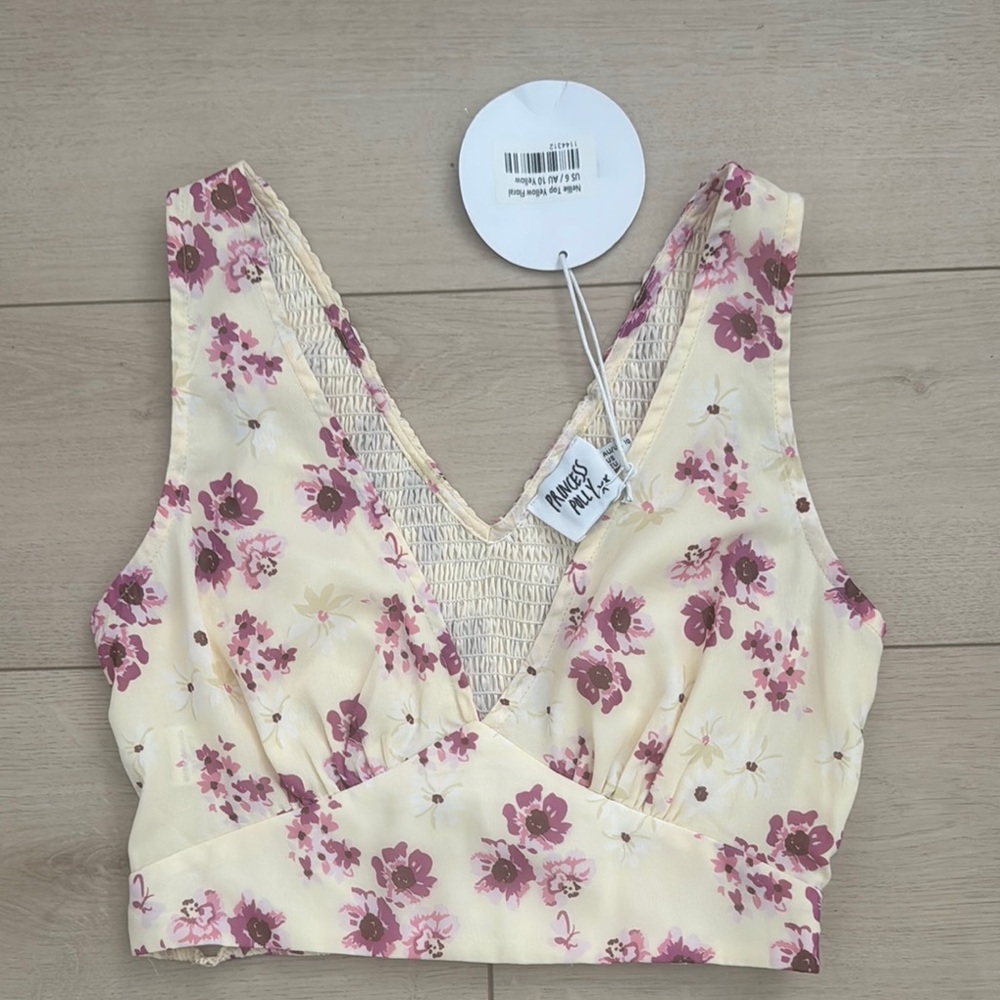 Princess Polly Floral V-Neck Crop Top - Cream and Pink